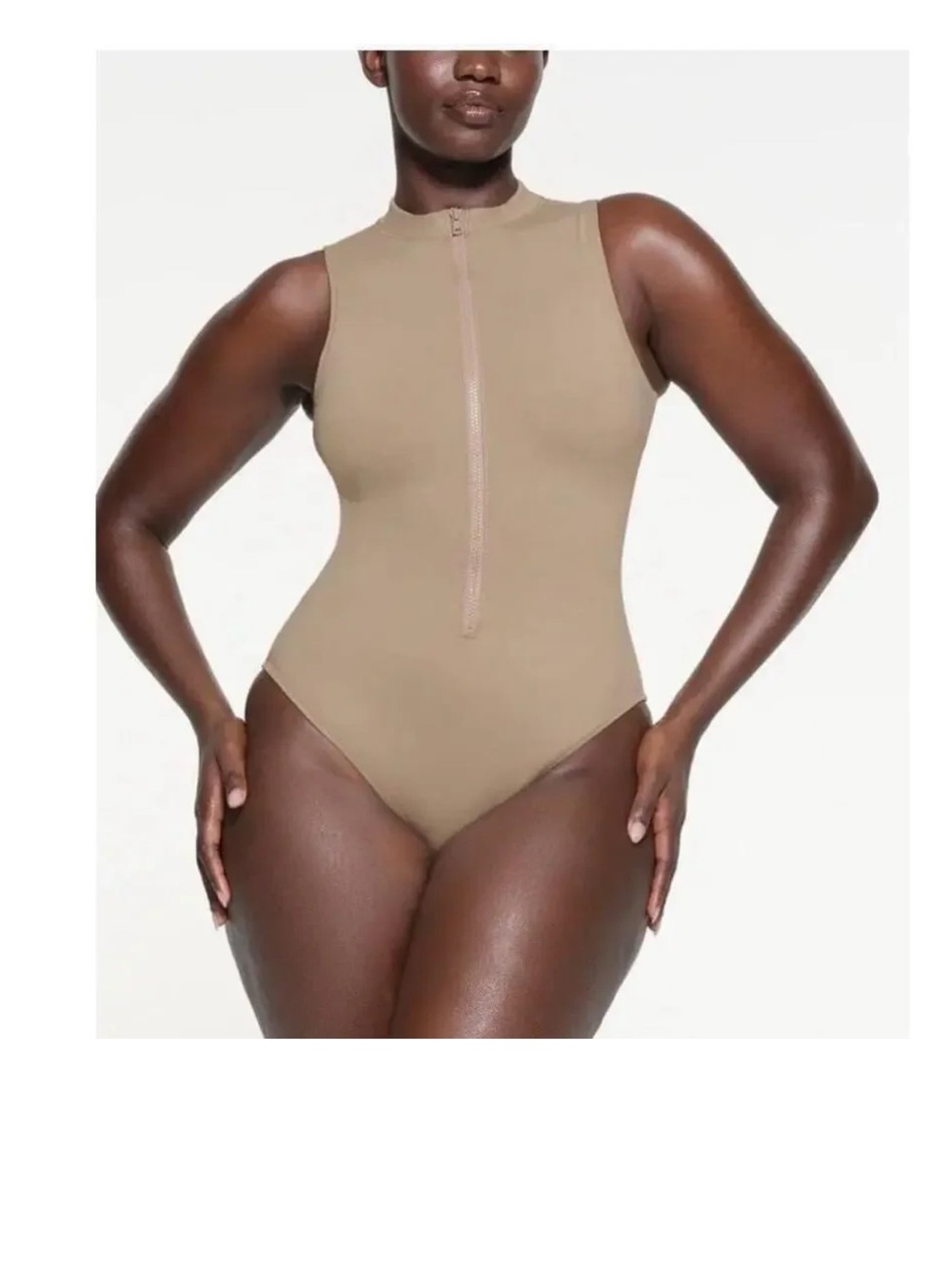 SKIMS Sleeveless Front-Zip Bathingsuit in color Desert - Picture 1 of 11